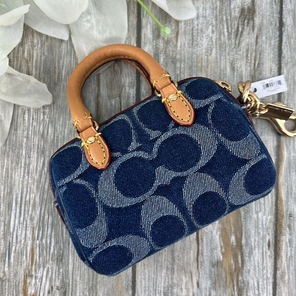 Coach Mini Rowan Bag Charm In Signature Denim With Cherry Charm Purse - Picture 4 of 11